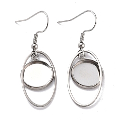 Stainless Steel Color 201 Stainless Steel Earring Hooks, with Oval Blank Pendant Trays, Flat Round Setting for Cabochon, Stainless Steel Color, 43mm, 22 Gauge, Pin: 0.6mm