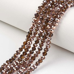 Sienna Electroplate Transparent Glass Beads Strands, Half Copper Plated, Faceted, Rondelle, Sienna, 3x2mm, Hole: 0.8mm, about 150~155pcs/strand, 15~16 inch(38~40cm)