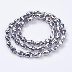 Platinum Plated Electroplate Glass Beads Strands, Faceted, teardrop, Platinum Plated, 15x10mm, Hole: 1mm, about 50pcs/strand, 27.1 inch