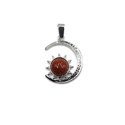 Goldstone Synthetic Goldstone Pendants, Antique Silver Plated Alloy Moon with Sun Charms, 28x22mm