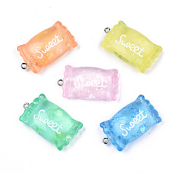 Mixed Color Transparent Resin Pendants, with Paillette & Platinum Tone Iron Peg Bail, Candy with Word Sweet, Mixed Color, 37x20.5x9.5mm, Hole: 2mm