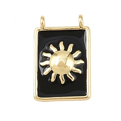 Черный Латунь эмаль подвески, прямоугольник с солнечными чарами, без свинца и без кадмия, долговечный, реальный 18 k позолоченный, стойки покрытие, чёрные, 18.5x12x3 мм, отверстие : 1.2 мм