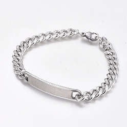 Stainless Steel Color 304 Stainless Steel Curb Chain ID Bracelets, with Lobster Claw Clasps, Stainless Steel Color, 8-1/2 inch(21.5cm)