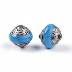 Светло-Голубой Бусины тибетского стиля , с латунным, синтетические бирюзовые, двухконусные, античное серебро, Небесно-голубой, 13.7x14.3 мм, отверстие : 1.2 мм
