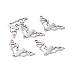 Stainless Steel Color 201 Stainless Steel Pendants, Bat, Hollow, Stainless Steel Color, 32x16x1mm, Hole: 1.5mm