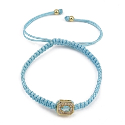 Cielo Azul Oscuro Pulseras rectangulares trenzadas de cuentas con circonitas cúbicas y pavé de latón, pulseras de cuerda de nylon ajustable, larga duración plateado, chapado en rack, dorado, cielo azul profundo, diámetro interior: 2.05~3.15 pulgada (5.2~8 cm)