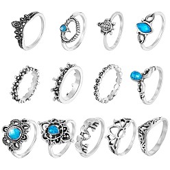 Antique Silver 13Pcs 13 Style Aquamarine Rhinestone Tortoise & Elephant & Lotus & Crown Finger Rings Set, Alloy Stackable Rings for Women, Antique Silver, Inner Diameter: 15.7~17.8mm, 1Pc/style