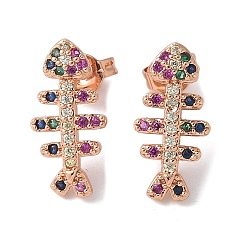 Розовое Золото Серьги-гвоздики из латуни с микрокубическим цирконием, долговечный, без свинца и без кадмия, елочка, розовое золото , 16x8 мм