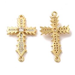 Golden Brass Pave Clear Cubic Zirconia Connetor Charms, Religion Cross Links, Golden, 30x17x4mm, Hole: 1.5mm