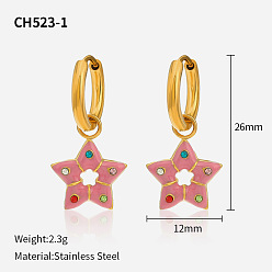 Pink earrings Colorful Oil Drop Inlaid Diamond Pentagram Earrings - Unique Design, Hollow Stainless Steel Ear Studs.