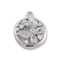 Платина Подвески из латуни с прозрачным фианитом, без кадмия, без никеля и без свинца, плоские круглые с бабочкой, платина, 18.5x15.5x5 мм, отверстие : 1.6 мм