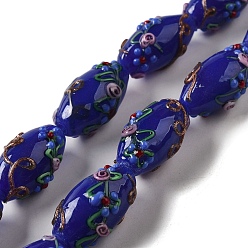 Blue Handmade Lampwork Beads, Rice wit Flower, Blue, 23x12~13mm, Hole: 1.6mm