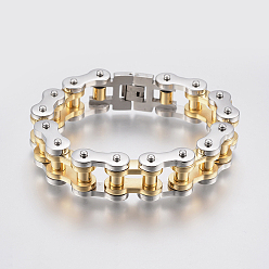 Golden & Stainless Steel Color Men's 201 Stainless Steel Bracelets, Motorcycle Chain Bracelets, Golden & Stainless Steel Color, 9 inch(230mm), 17x9mm
