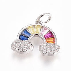 Real Platinum Plated Brass Micro Pave Cubic Zirconia Pendants, with Jump Ring, Long-Lasting Plated, Rainbow, Colorful, Real Platinum Plated, 11.5x14x2mm, Hole: 3.5mm