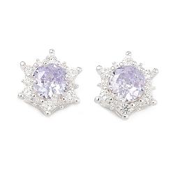 Лиловый Латунные звенья с инкрустацией кубическим цирконием, шестиугольный цветок, 925 серебро покрытием, сирень, 14x13.5x7.5 мм, отверстие : 1.8 мм