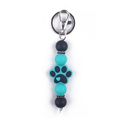 Dark Turquoise Round & Dog Paw Print Silicone Beaded Keychain, with Iron Findings, for Car Backpack Pendant Accessories, Dark Turquoise, 11.5cm