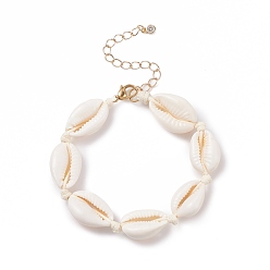Bisque Natural Cowrie Shell Braided Beaded Bracelet for Women, Bisque, 7-5/8 inch(19.5cm)