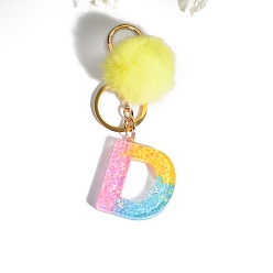 Letter D Resin Keychains, Pom Pom Ball Keychain, with KC Gold Tone Plated Iron Findings, Letter.D, 11.2x1.2~5.7cm