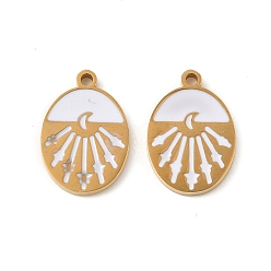 Белый 304 из нержавеющей стали шармы эмали, овальные амулеты, ионное покрытие (ip), реальный 18 k позолоченный, белые, 14x9.5x1.5 мм, отверстие : 1.2 мм
