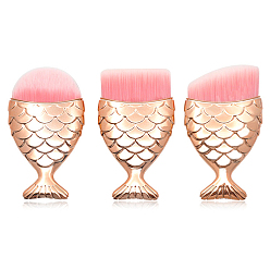 Pink Mermaid Shape Fiber Foundation Makeup Brush, Round Head/Flat Head/Oblique Head, Woman Facial Cosmetic Makeup Tools, Plastic Handle, Pink, 8x4.5cm, 3pcs/set