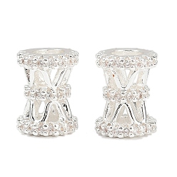 Посеребрённый Латунь микропаве прозрачный кубический цирконий европейский бисер, бусины с большим отверстием, колонка, 925 серебро покрытием, 9x7 мм, отверстие : 4 мм