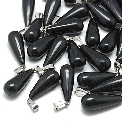 Black Stone Natural Black Stone Pendants, with Stainless Steel Snap On Bails, Drop, 28~30x10~12mm, Hole: 6x4mm