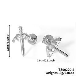 Серебро 304 Меч из нержавеющей стали с прозрачным кубическим цирконием и серьгами-гвоздиками в форме крыльев, серебряные, 13x5 мм