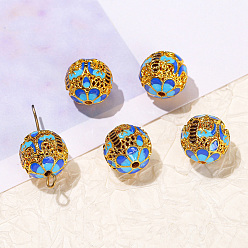 Dodger Blue Brass Enamel Beads, Round with Flower, Dodger Blue, 12mm