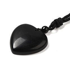 Obsidian Natural Obsidian Pendant Necklace with Nylon Cords, Heart, 27.17~28.35 inch(69~72cm)