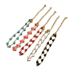 Mixed Color Golden 304 Stainless Steel Heart Link Chain Bracelet with Enamel, Mixed Color, 6-7/8 inch(17.5cm)