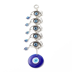 Antique Silver Glass Turkish Blue Evil Eye Pendant Decoration, with Alloy Horse Eye Design Charm, for Home Wall Hanging Amulet Ornament, Antique Silver, 280mm, Hole: 13.5x10mm