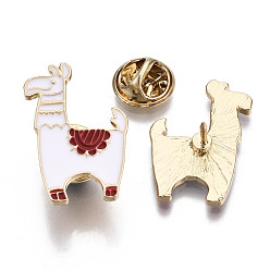 White Alloy Brooches, Enamel Pin, with Brass Butterfly Clutches, Llama/Alpaca, Light Gold, White, 27x18x2mm, Pin: 1mm
