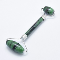 Ruby in Zoisite Natural Ruby in Zoisite Brass Face Massager, Facial Rollers, Platinum, 142~150x54~58x19~22mm