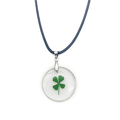 Round Resin with Clover Pendant Necklace with Waxed Cotton Cord for Women, Round Pattern, Pendant: 10~35mm