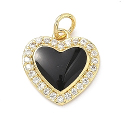 Черный Латунные микропаве прозрачные подвески с фианитом, с эмалью, долговечный, стойки покрытие, без свинца и без кадмия, сердце прелести, реальный 18 k позолоченный, чёрные, 14.5x14x3.5 мм, отверстие : 3 мм