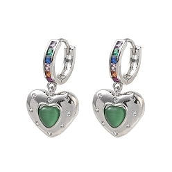 Platinum Brass Micro Pave Cubic Zirconia and Cat Eye Beads Heart Hoop Dangle Earrings, Rack Plating, Long-Lasting Plated, Cadmium Free & Lead Free, Platinum, 27.5x15.5mm