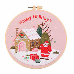 House DIY Christmas Theme Embroidery Kits, Including Printed Cotton Fabric, Embroidery Thread & Needles, Plastic Embroidery Hoop, House, 200x200mm
