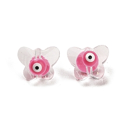 Rose Chaud Perles de verre émaillées transparentes, papillon avec le mauvais œil, rose chaud, 8x10x6.5~7mm, Trou: 1mm
