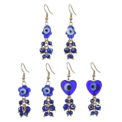 Golden Evil Eye Handmade Lampwork Dangle Earrings, Mixed Shapes, Golden, 55x10~16mm