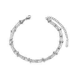 Stainless Steel Color SHEGRACE Titanium Steel Multi-Strand Anklet, with Cable Chains and Round Beads(Chain Extenders Random Style), Stainless Steel Color, 8-5/8 inch(22cm)