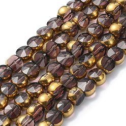 Rosy Brown Half Plated Electroplate Transparent Glass Beads Strands, Antique Bronze Plated, Flat Round, Faceted, Rosy Brown, 6x5mm, Hole: 1.2mm, about 50pcs/strand, 11.22''(28.5cm)