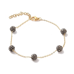 Gray 6mm Round Polymer Clay Rhinestone Link Bracelets, 304 Stainless Steel Cable Chain Bracelets for Women, Real 24K Gold Plated, Gray, 7-1/4 inch(18.5cm), Bead: 6mm