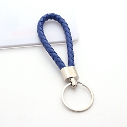 Dark Blue Handwoven Imitation Leather Keychain, with Metal Car Key Ring Chain Accessories Gift for Men and Women, Dark Blue, 122x30mm
