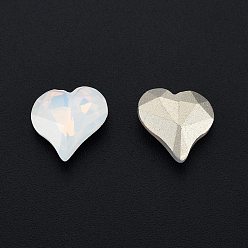 White Opal K9 Glass Rhinestone Cabochons, Pointed Back & Back Plated, Faceted, Heart, White Opal, 13x12x4mm