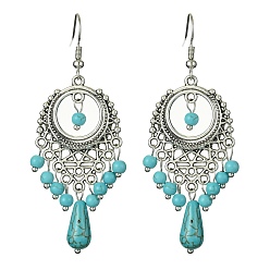 Synthetic Turquoise Synthetic Turquoise Beaded Long Drop Earrings, Tibetan Style Alloy Chandelier Earrings with Brass Pins, 63x24.5mm