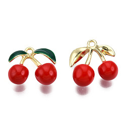 Красный Стойки обшивки сплава эмали подвески, без кадмия и без свинца, черри прелести, золотые, красные, 14.5x15x7 мм, отверстие : 1.4 мм