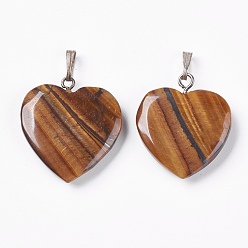 Tiger Eye Natural Tiger Eye Pendants, with Brass Findings, Heart, Platinum,  22~26x20~22.5x3~5mm, Hole: 2.5x6mm