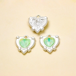 Pale Green Brass with Cubic Zirconia Pendants, Heart, Matte Silver Color, Pale Green, 17x15mm