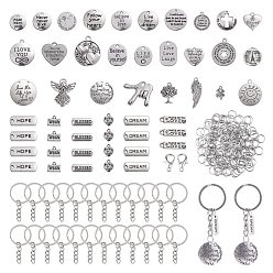 Antique Silver & Stainless Steel Color DIY Motivation Word Charm Keychain Making Kit, Including Iron Key Rings, Tibetan Style Alloy Heart & Flat Round & Oval & Wing & Angel & Gesture Pendants, Antique Silver & Stainless Steel Color, 93Pcs/box
