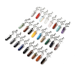 Mixed Stone Natural & Synthetic Gemstone Double Terminated Pointed Big Pendants, with Platinum Tone Brass Findings, Cadmium Free & Lead Free, Moon with Bullet, Mixed Dyed and Undyed, Faceted, 70~75mm, Hole: 4.6x8mm
